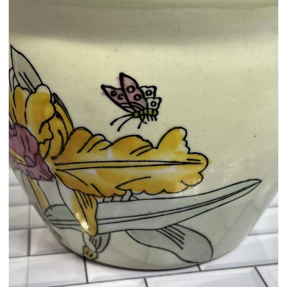 Asian Y2K Pot Planter 6 X 4.75in Floral Butterflies Tulips Beige Pink Fairycore - Picture 8 of 12